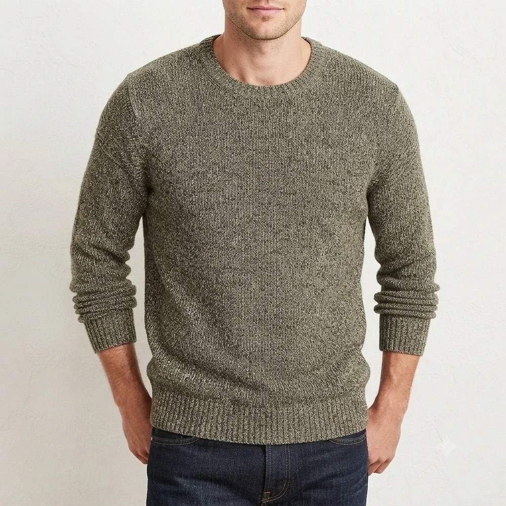 J.Crew Textured Cotton Crewneck Sweater Marled Knit Pullover Olive Cream XL